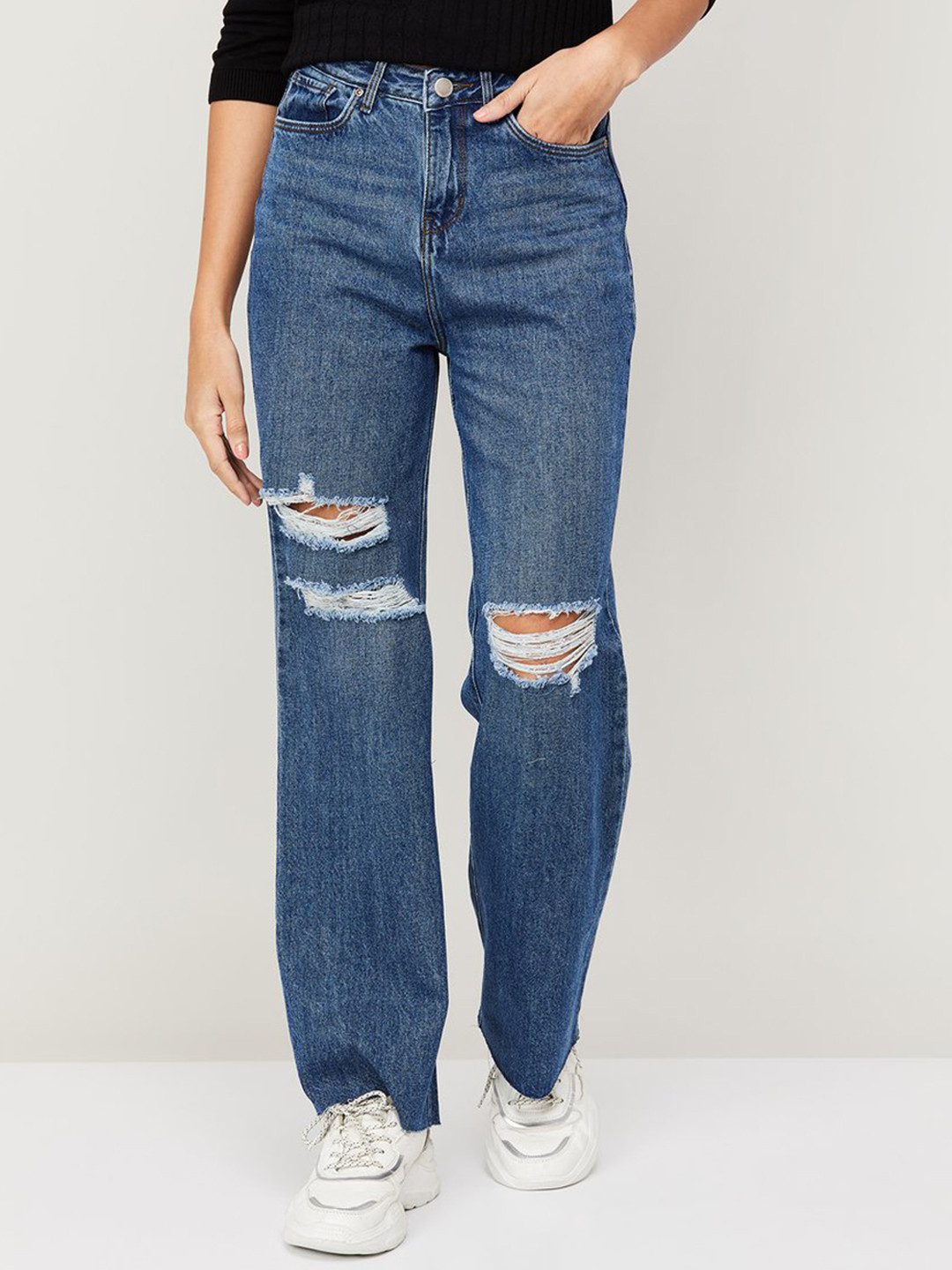 

Xpose Women Comfort Wide Leg Mildly Distressed Pure Cotton Jeans, Navy blue