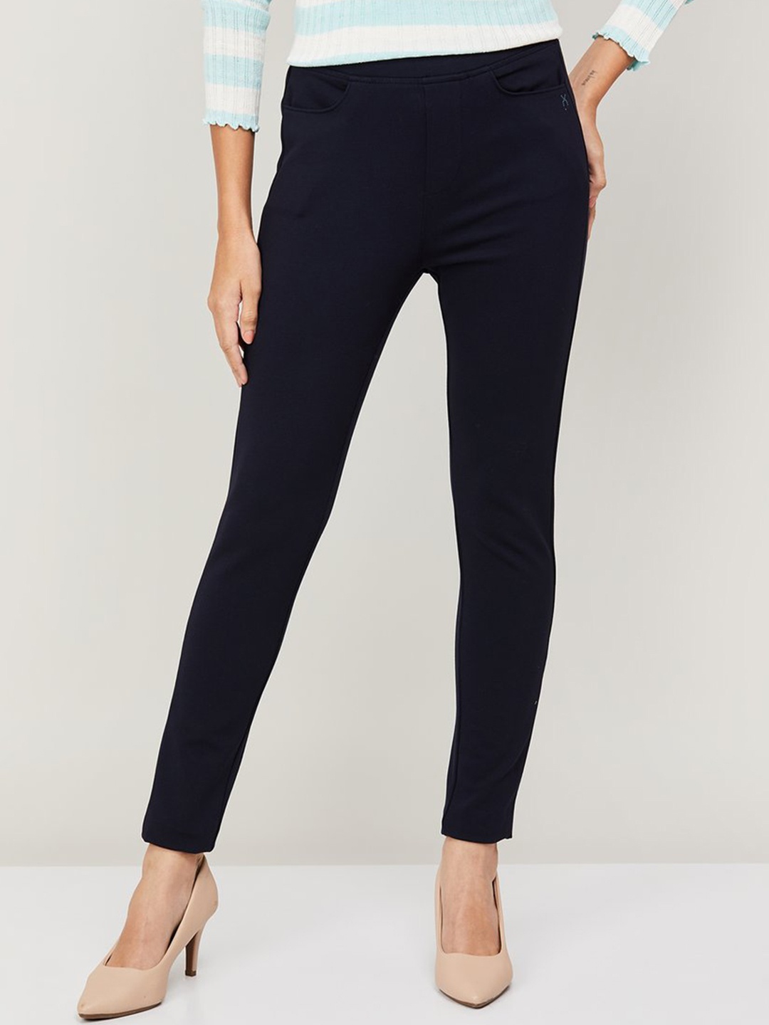 

Xpose Women Comfort Slim Fit High-Rise Regular Trousers, Navy blue