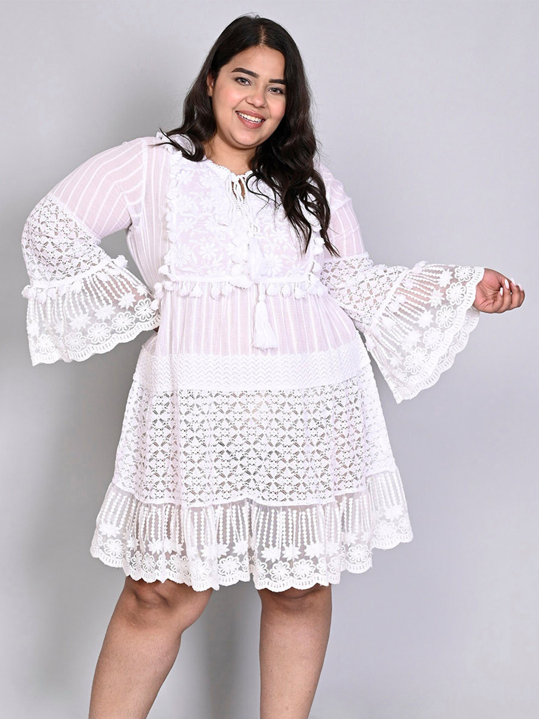

IX IMPRESSION Self Design Bell Sleeves Embroidered Pure Cotton Fit & Flare Dress, White