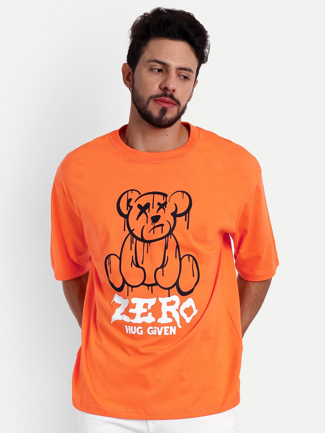 

Bloopers Store Printed Drop Shoulder Sleeves Pure Cotton Loose T-shirt, Orange