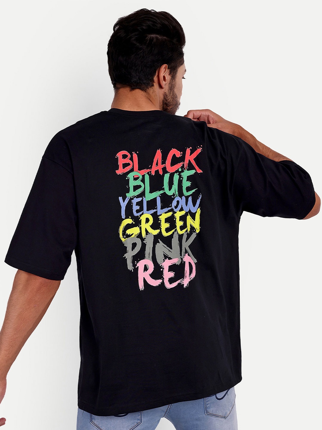 

Bloopers Store Typography Printed Round Neck Drop Shoulder Loose Fit Cotton T-shirt, Black