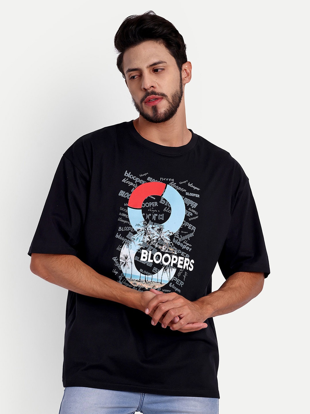 

Bloopers Store Printed Drop Shoulder Sleeves Pure Cotton Loose T-shirt, Black