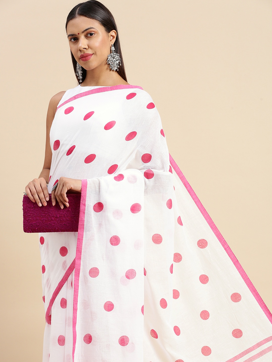 

DESH BIDESH Polka Dot Pure Cotton Taant Saree, Pink