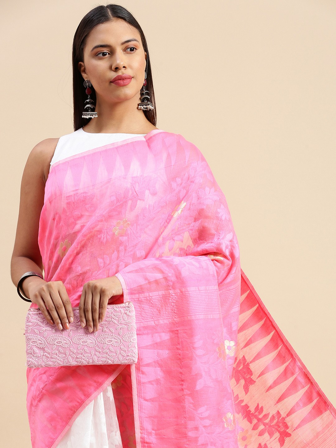 

DESH BIDESH Woven Design Pure Cotton Taant Saree, Pink