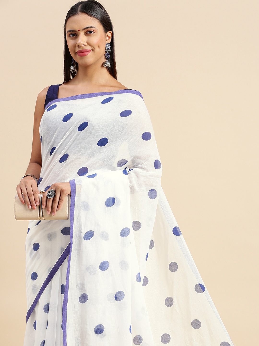 

DESH BIDESH Polka Dot Pure Cotton Taant Saree, Blue