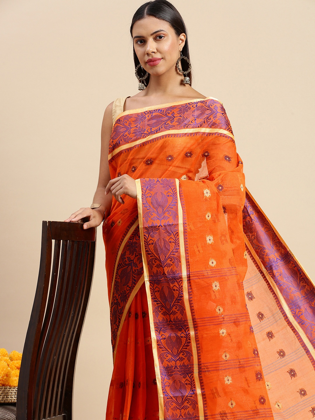 

DESH BIDESH Woven Design Pure Cotton Taant Saree, Orange