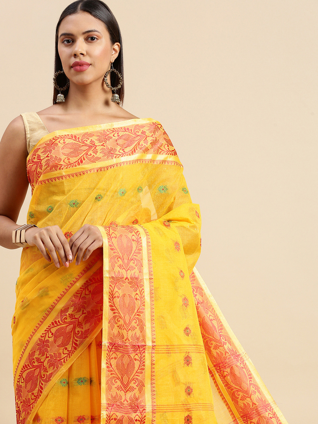 

DESH BIDESH Woven Design Pure Cotton Taant Saree, Yellow