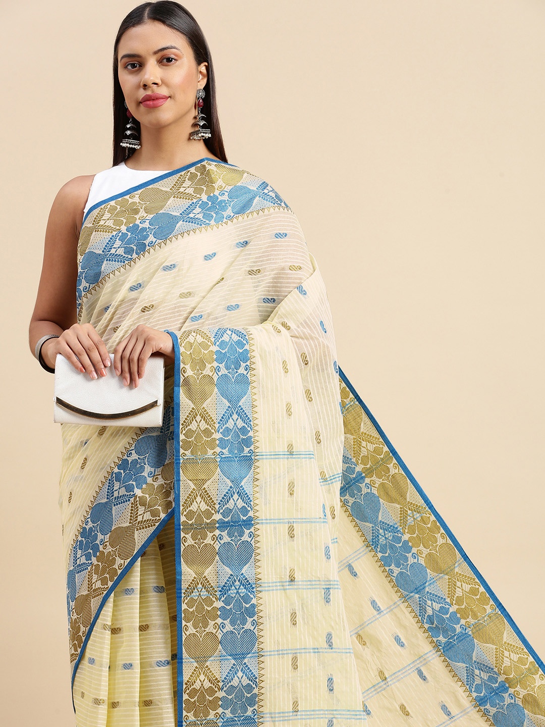 

DESH BIDESH Woven Design Pure Cotton Taant Saree, Off white