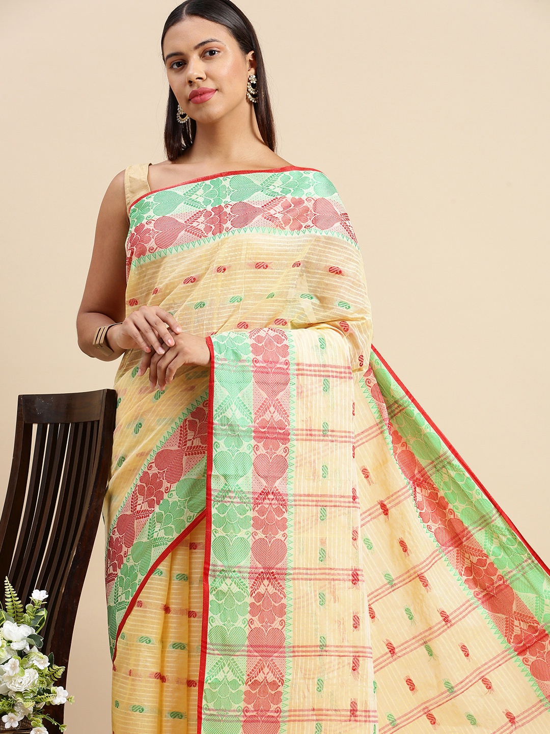 

DESH BIDESH Woven Design Pure Cotton Taant Saree, Off white