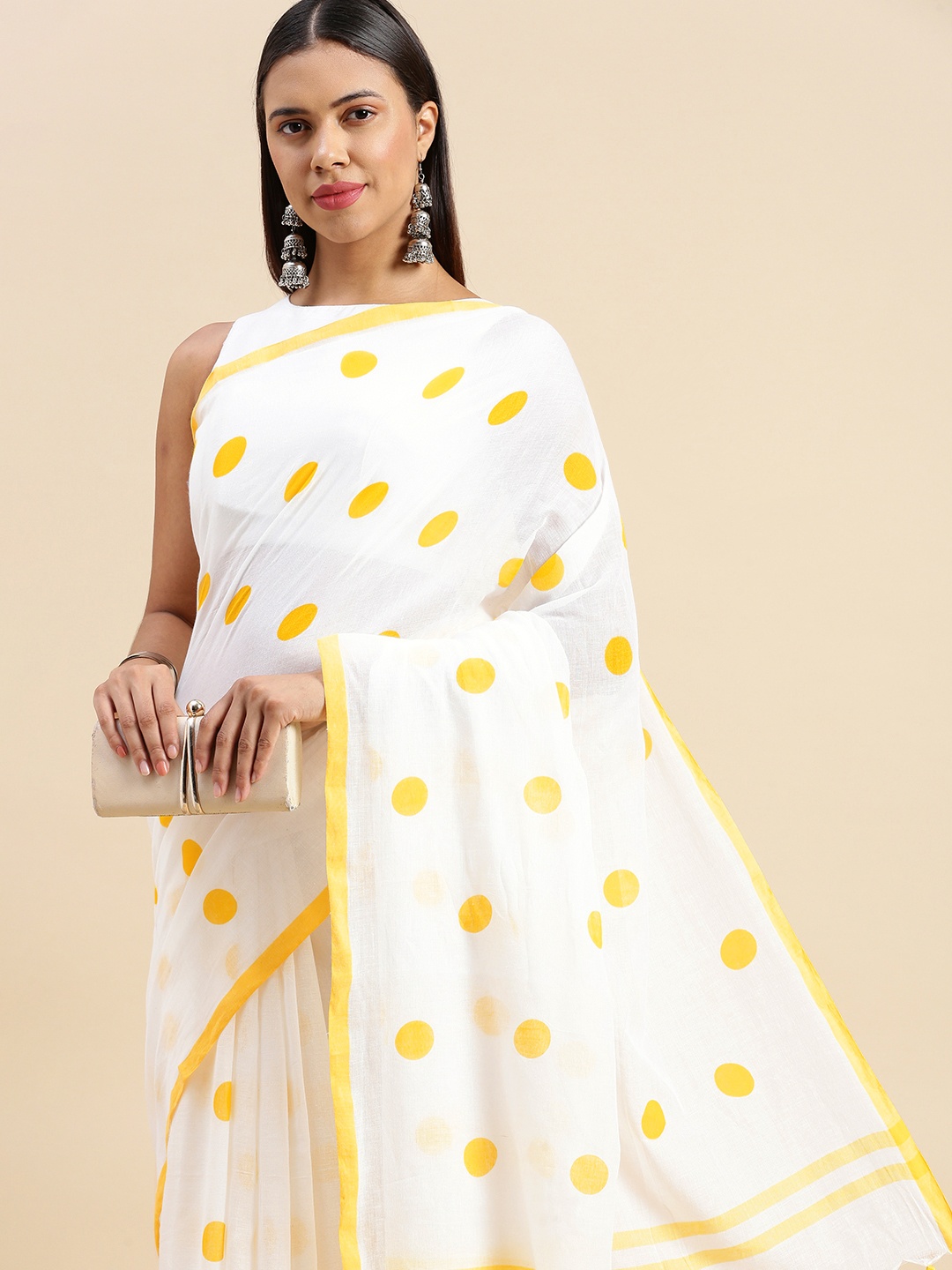 

DESH BIDESH Polka Dot Pure Cotton Taant Saree, Yellow