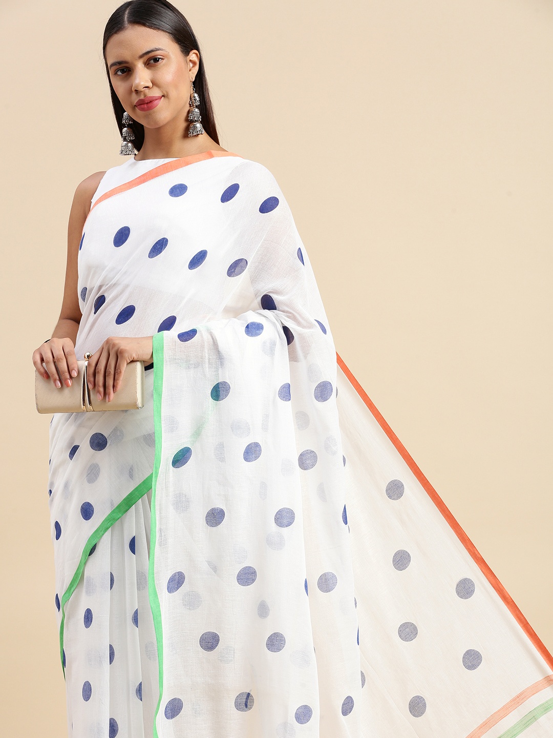 

DESH BIDESH Polka Dot Pure Cotton Taant Saree, Multi