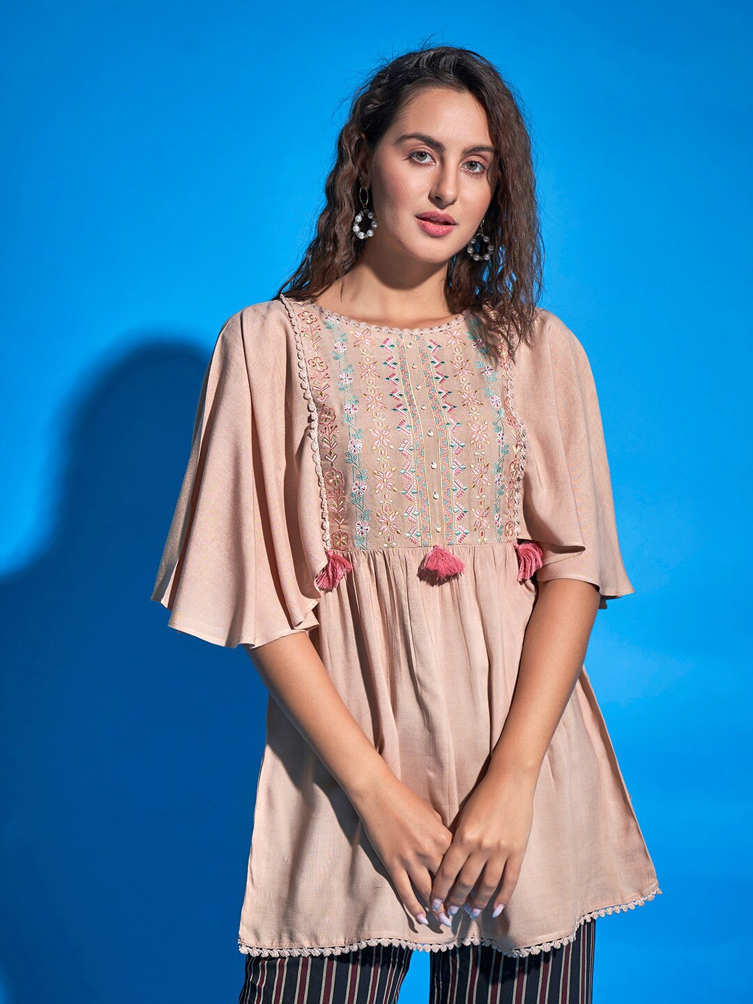 

Sangria Beige Ethnic Motifs Embroidered Flared Sleeves A-Line Top