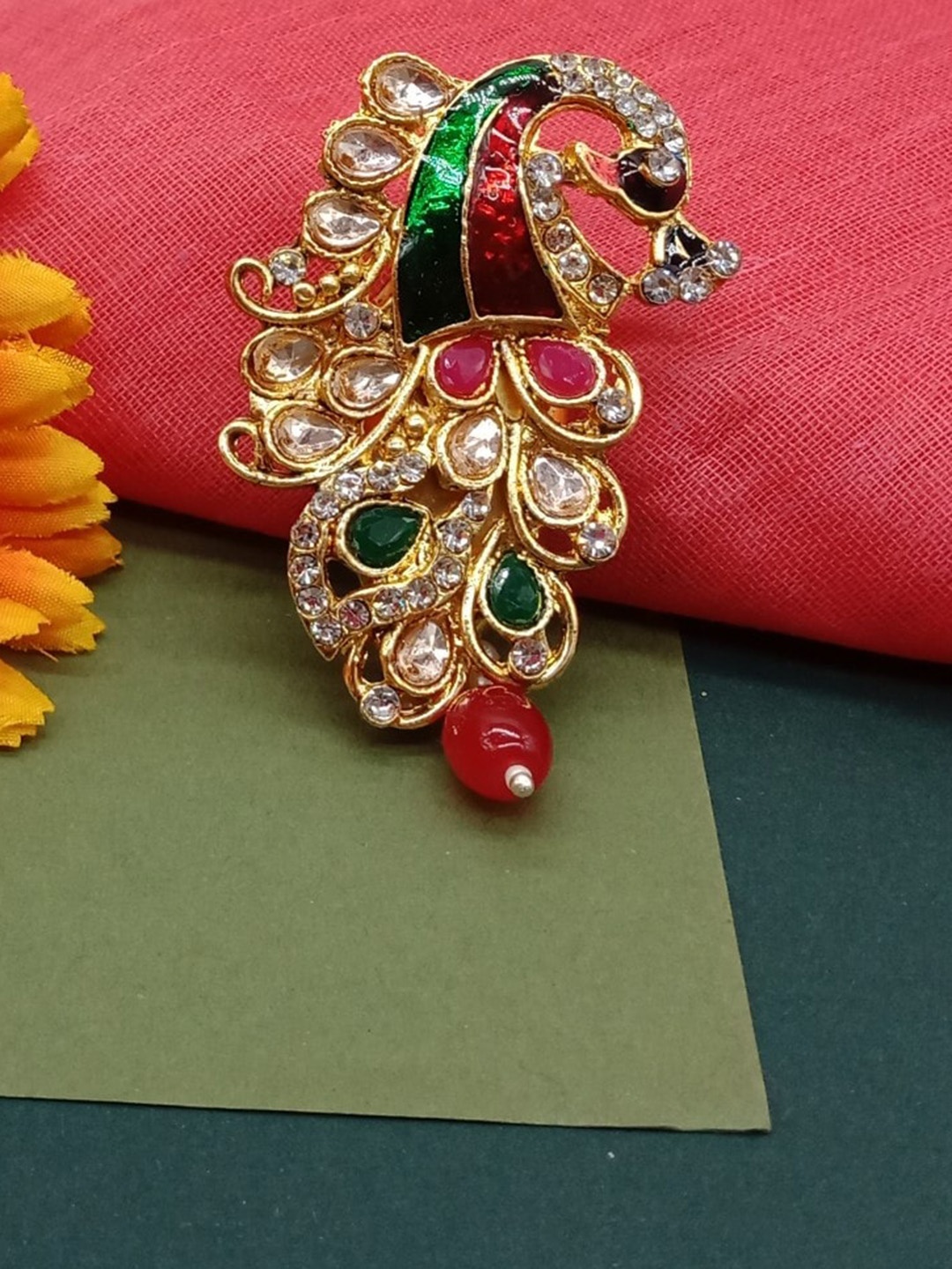 

AASHISH IMITATION Stone-Studded Peacock Shaped Sareepin, Gold