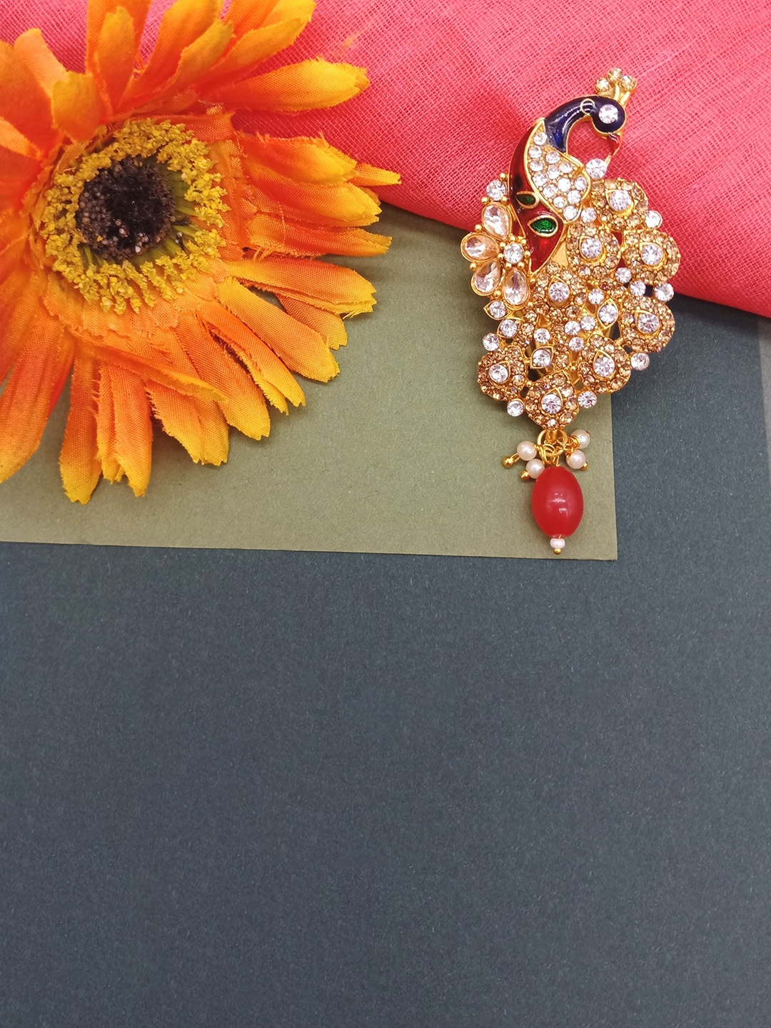 

AASHISH IMITATION Artificial Stone Studded Peacock Saree Pin, Gold