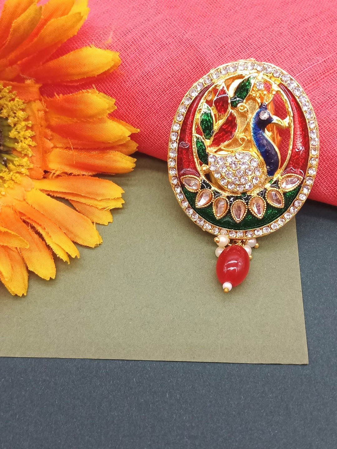 

AASHISH IMITATION Artificial Stone Studded Peacock Saree Pin, Gold