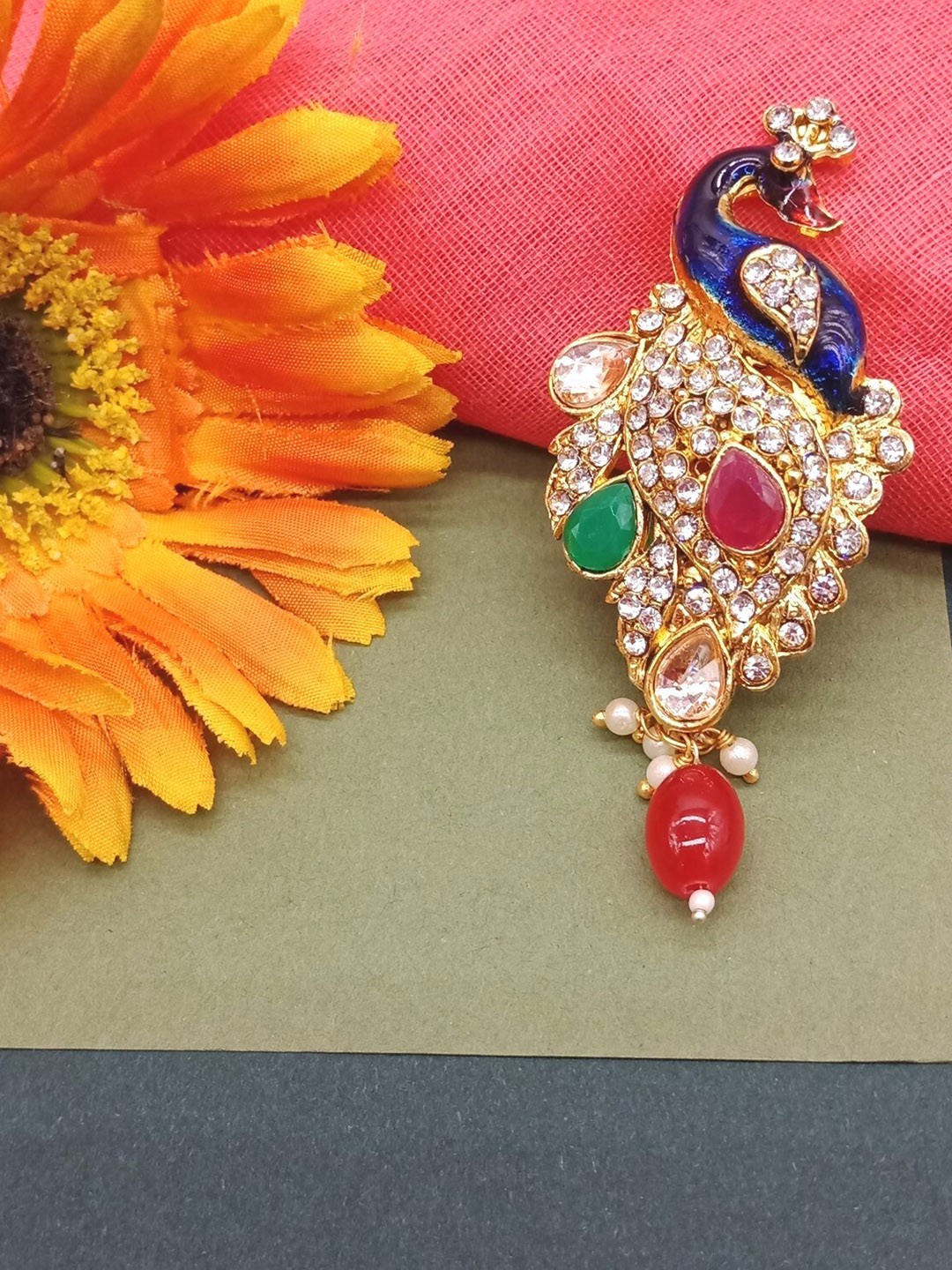 

AASHISH IMITATION Artificial Stone Studded Peacock Saree Pin, Gold
