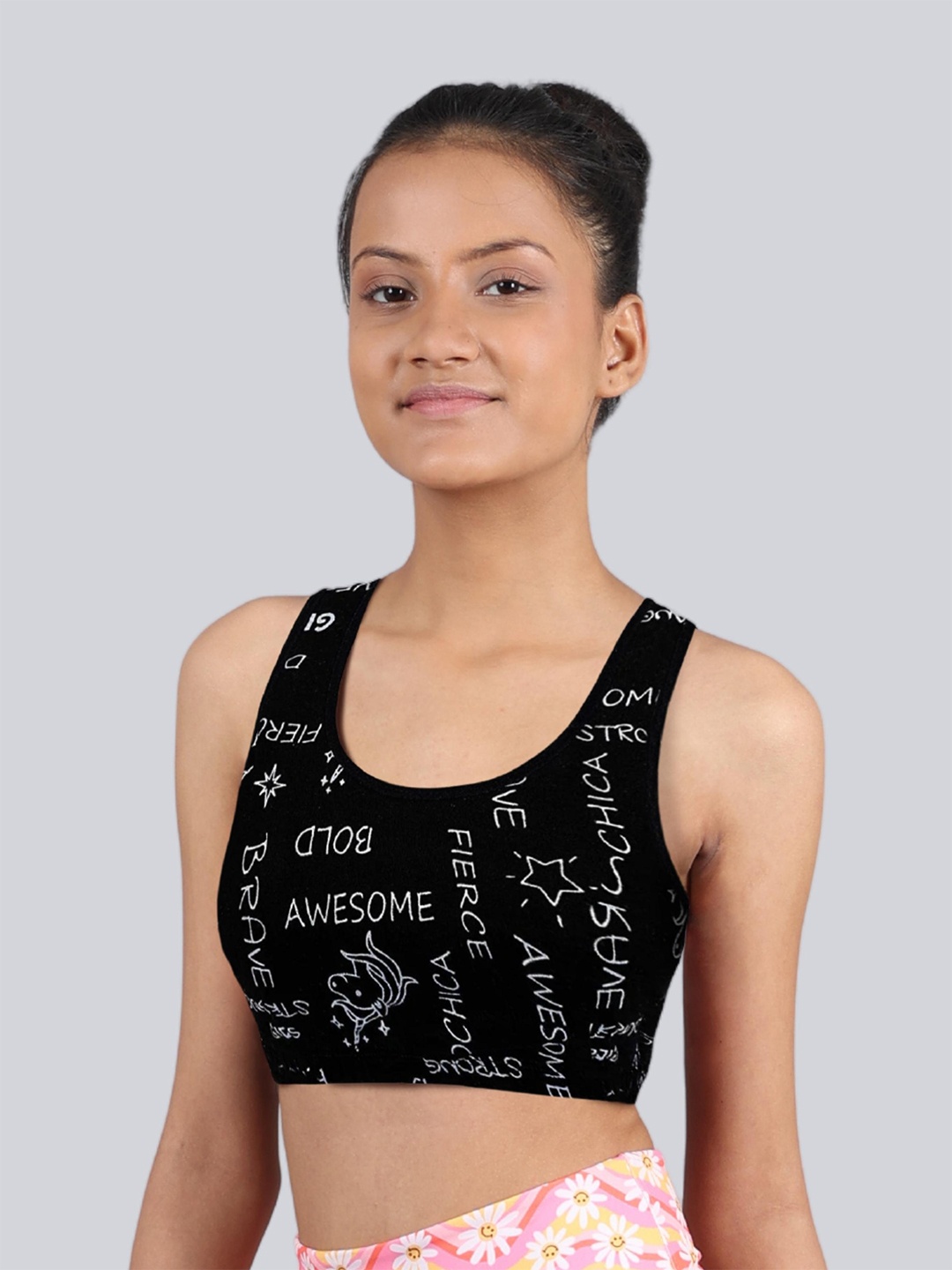 

DChica Typography Printed Full Coverage All Day Comfort Non-Padded Cotton Workout Bra, Black