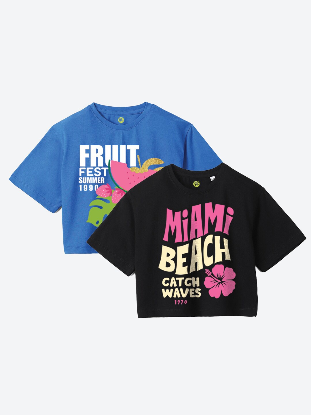 

YK Girls Pack Of 2 Printed Pure Cotton Boxy T-Shirt, Black