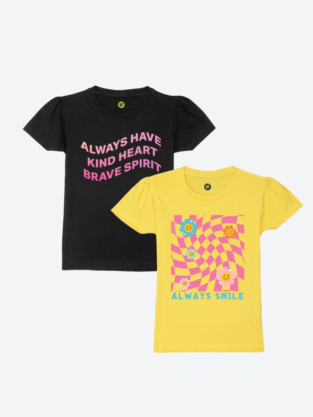 

YK Girls Pack Of 2 Typography Printed Pure Cotton T-Shirt, Yellow