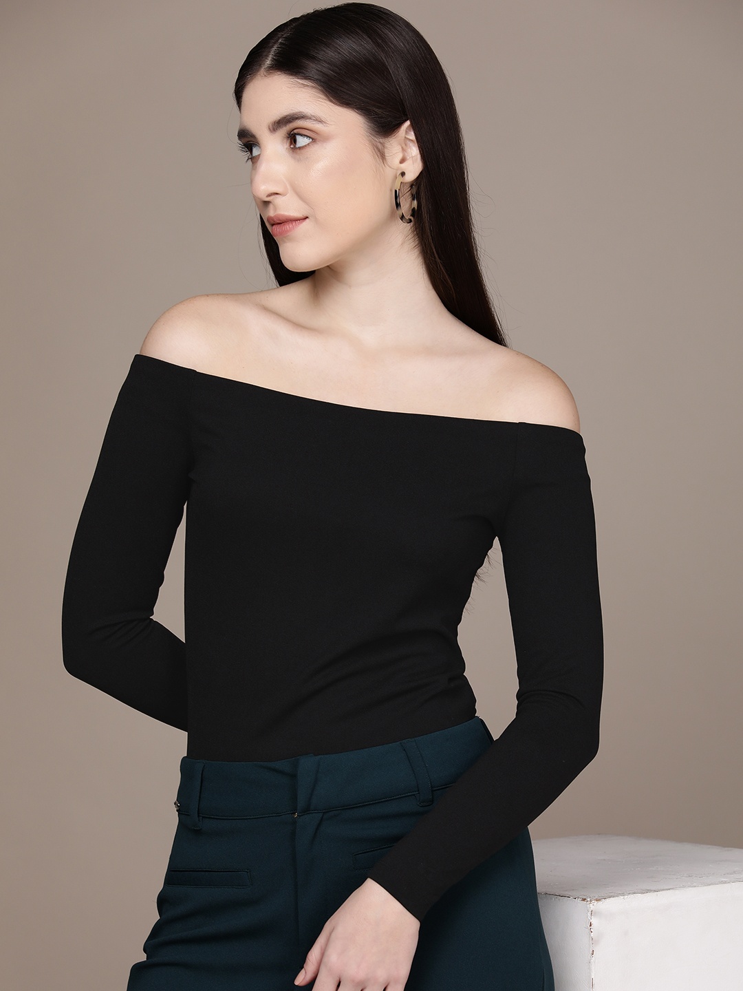 

French Connection Long Sleeves Off-Shoulder Top, Black