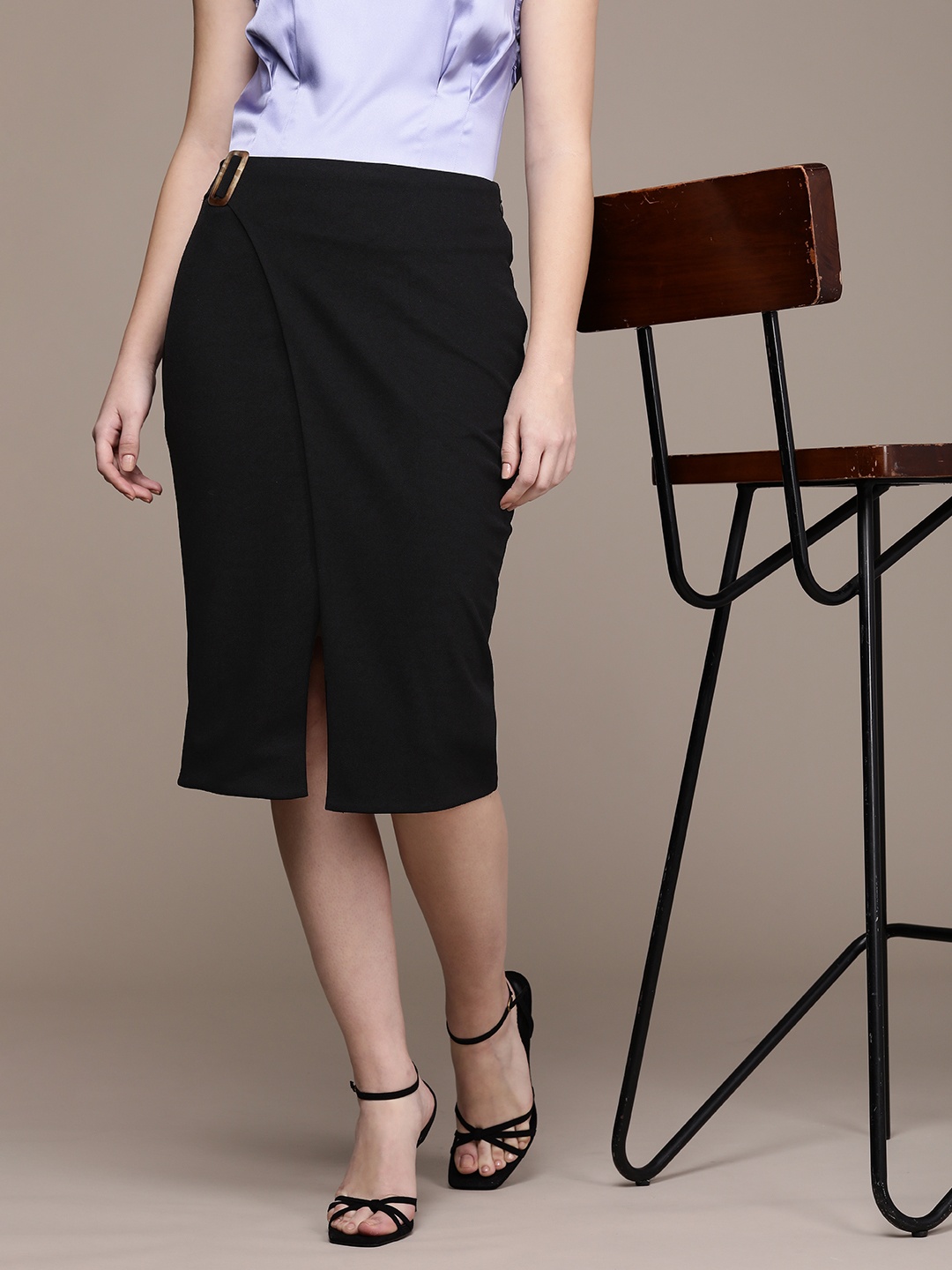 French Connection Women Front Slit Wrap Skirt, Black