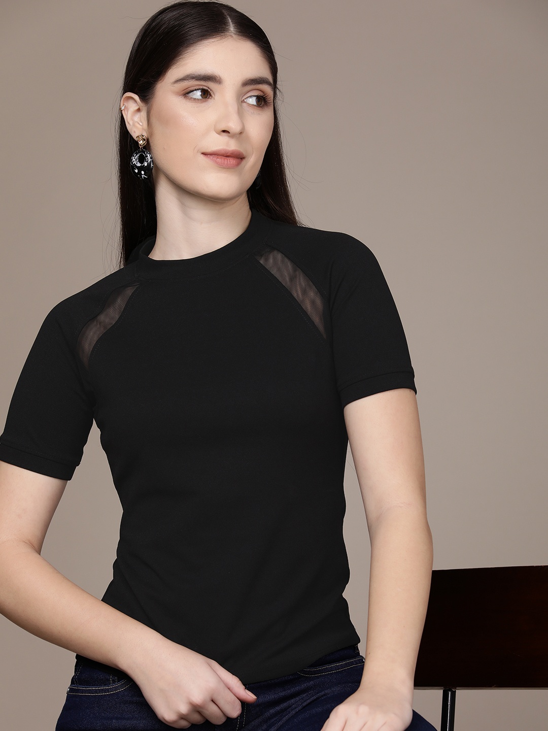 

French Connection Round Neck Raglan Sleeves T-shirt, Black