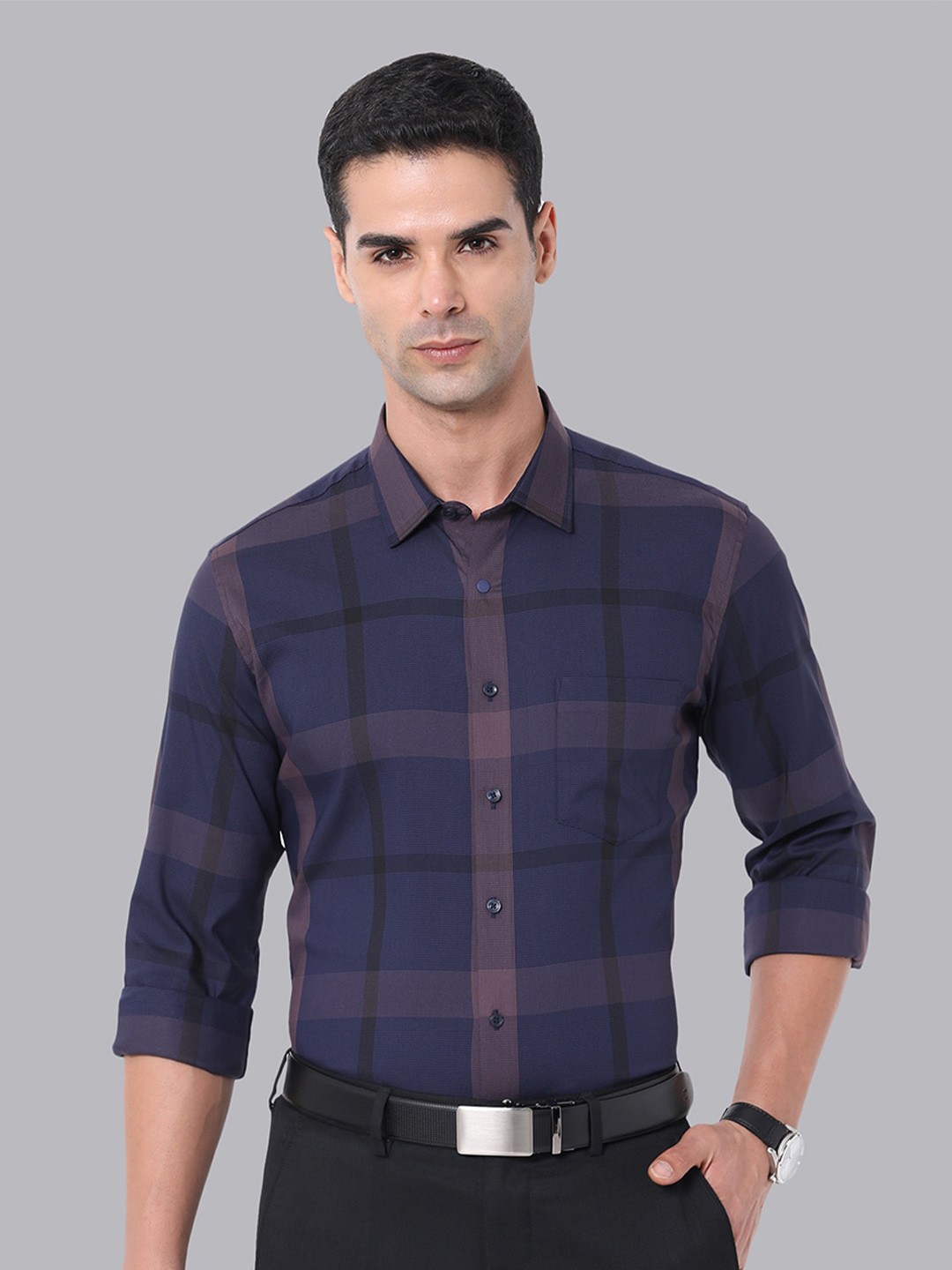 

Van Heusen Slim Fit Windowpane Checked Formal Shirt, Navy blue