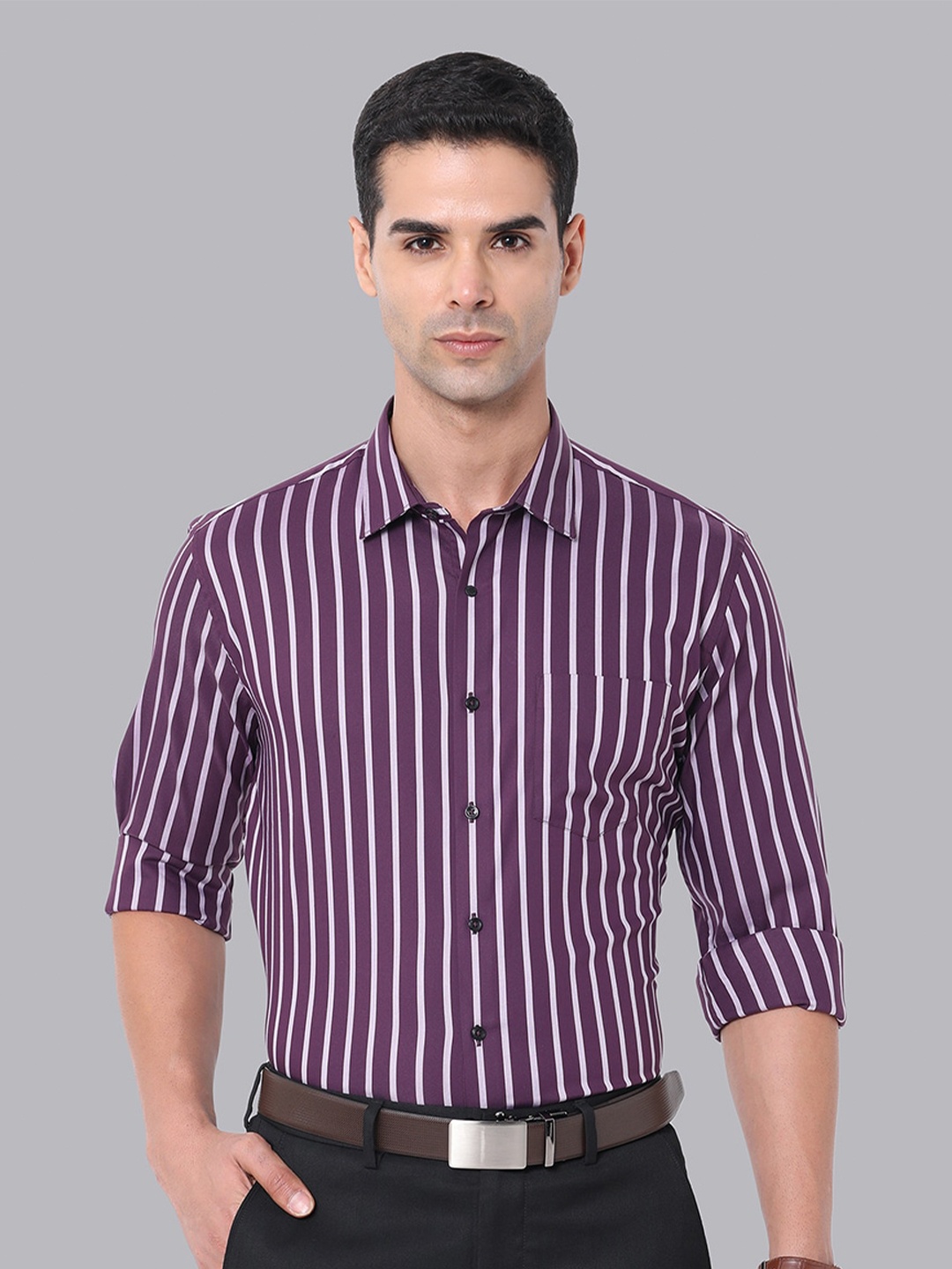 

Van Heusen Move Labs Slim Fit Stretchable Vertical Striped Stain Resistant Anti Bacterial Formal Shirt, Purple