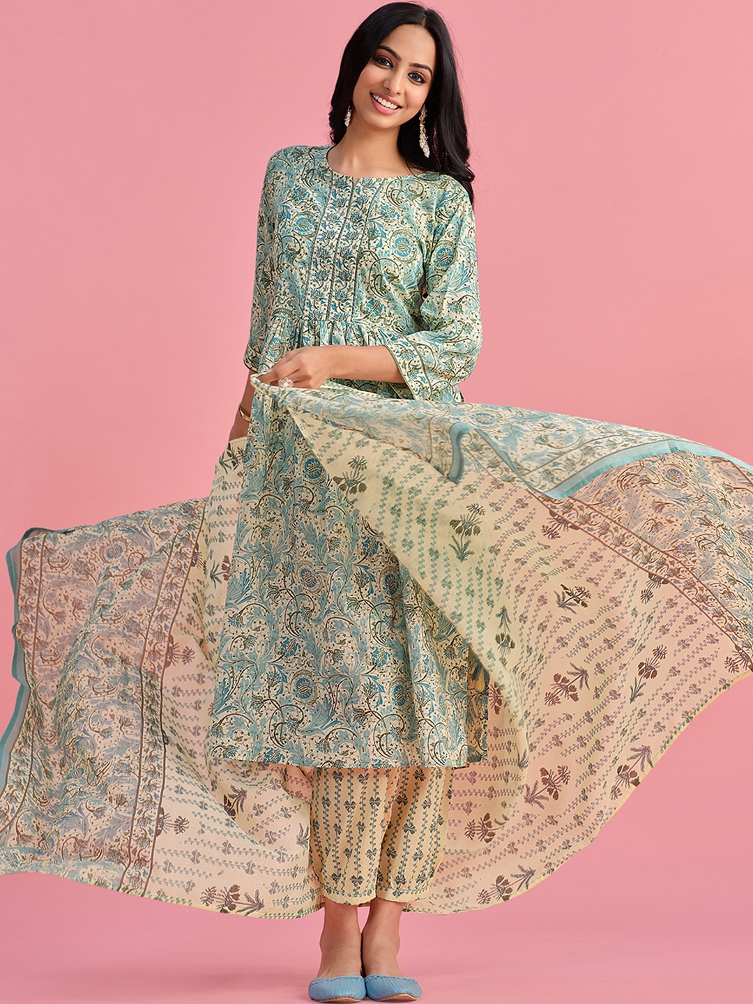 

Sangria Sea Green Floral Printed A-line Pure Cotton Kurta With Trousers & Dupatta