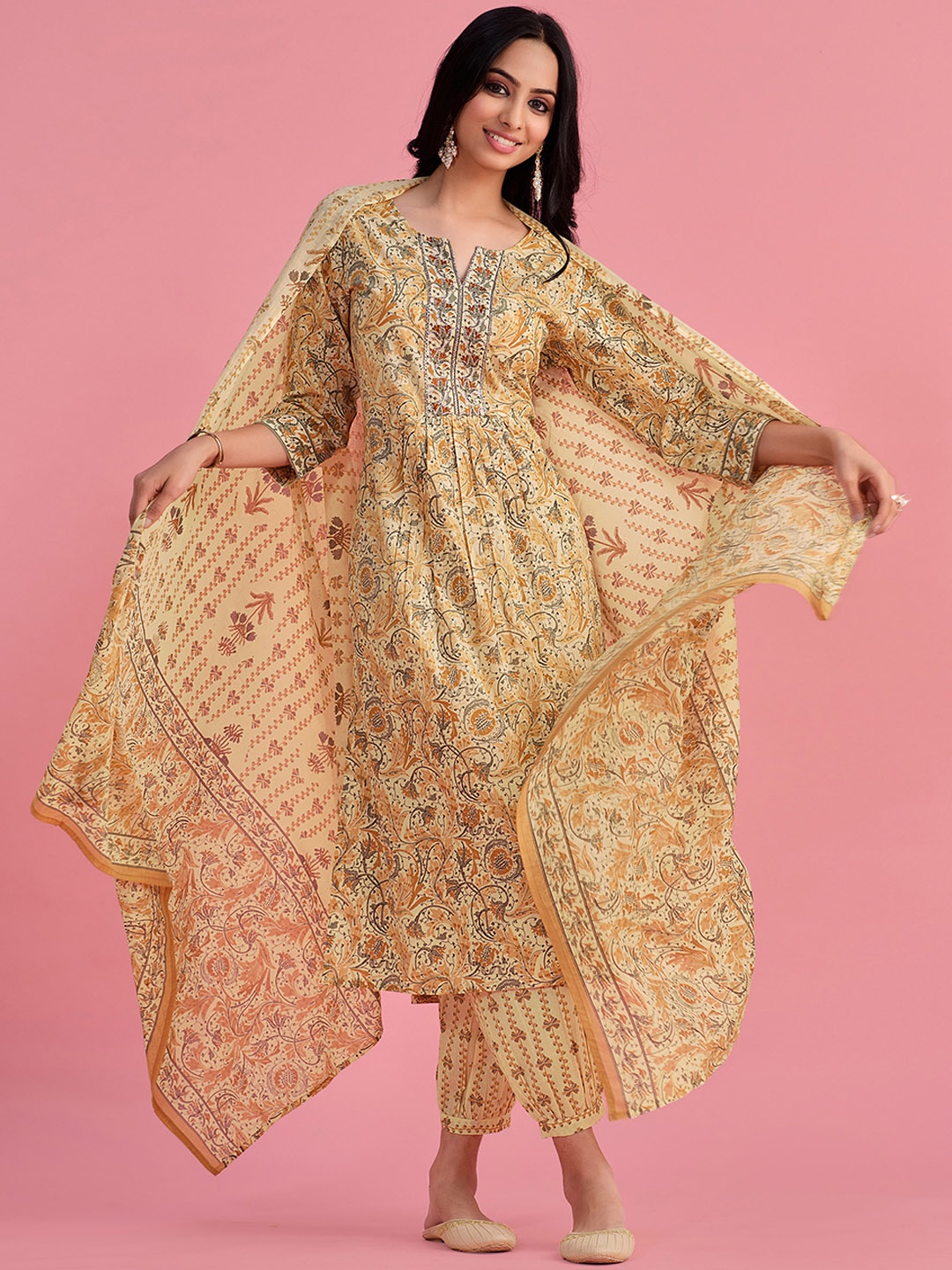 

Sangria Beige Ethnic Motifs Printed A-Line Kurta & Trouser With Dupatta