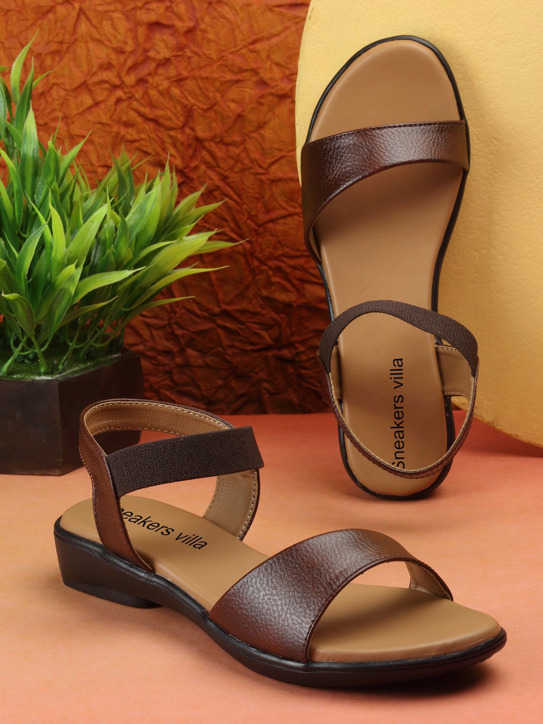 

sneakers villa Women Leather Open Toe Flats With Backstrap, Brown