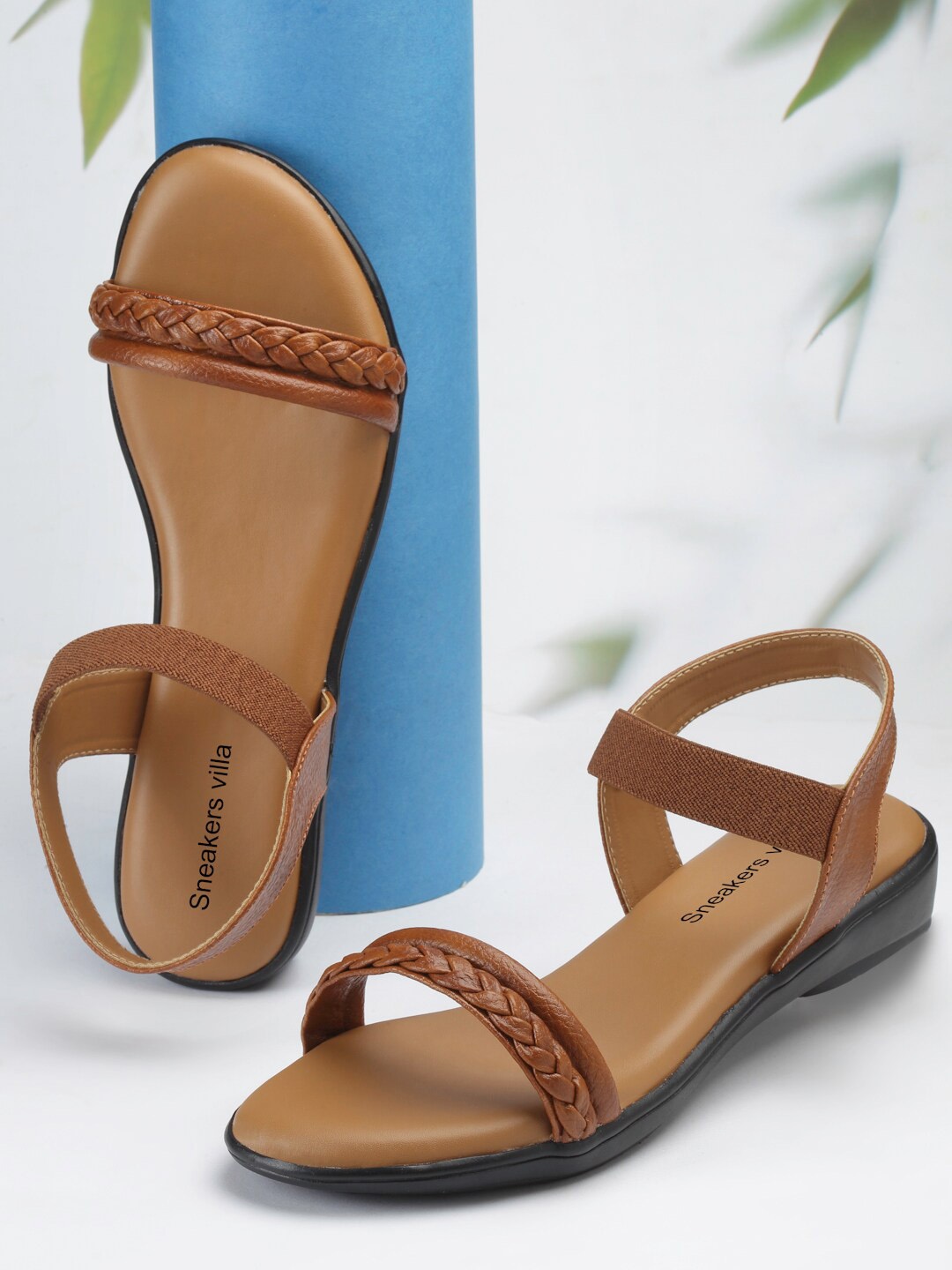 

sneakers villa Braided Leather Open Toe Flats With Backstrap, Tan