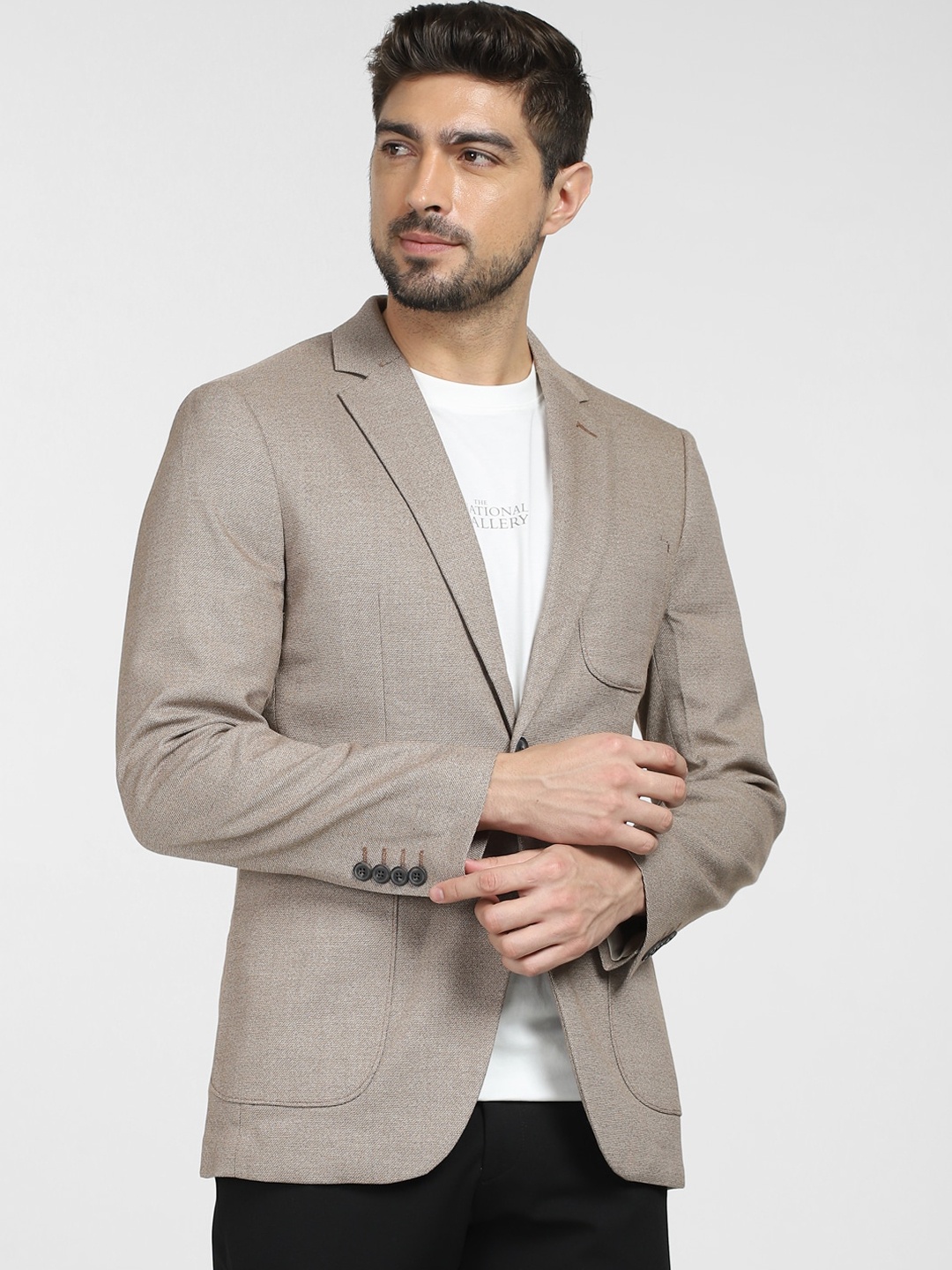 

SELECTED Self Design Slim Fit Notched Lapel Collar Single-Breasted Casual Blazer, Brown