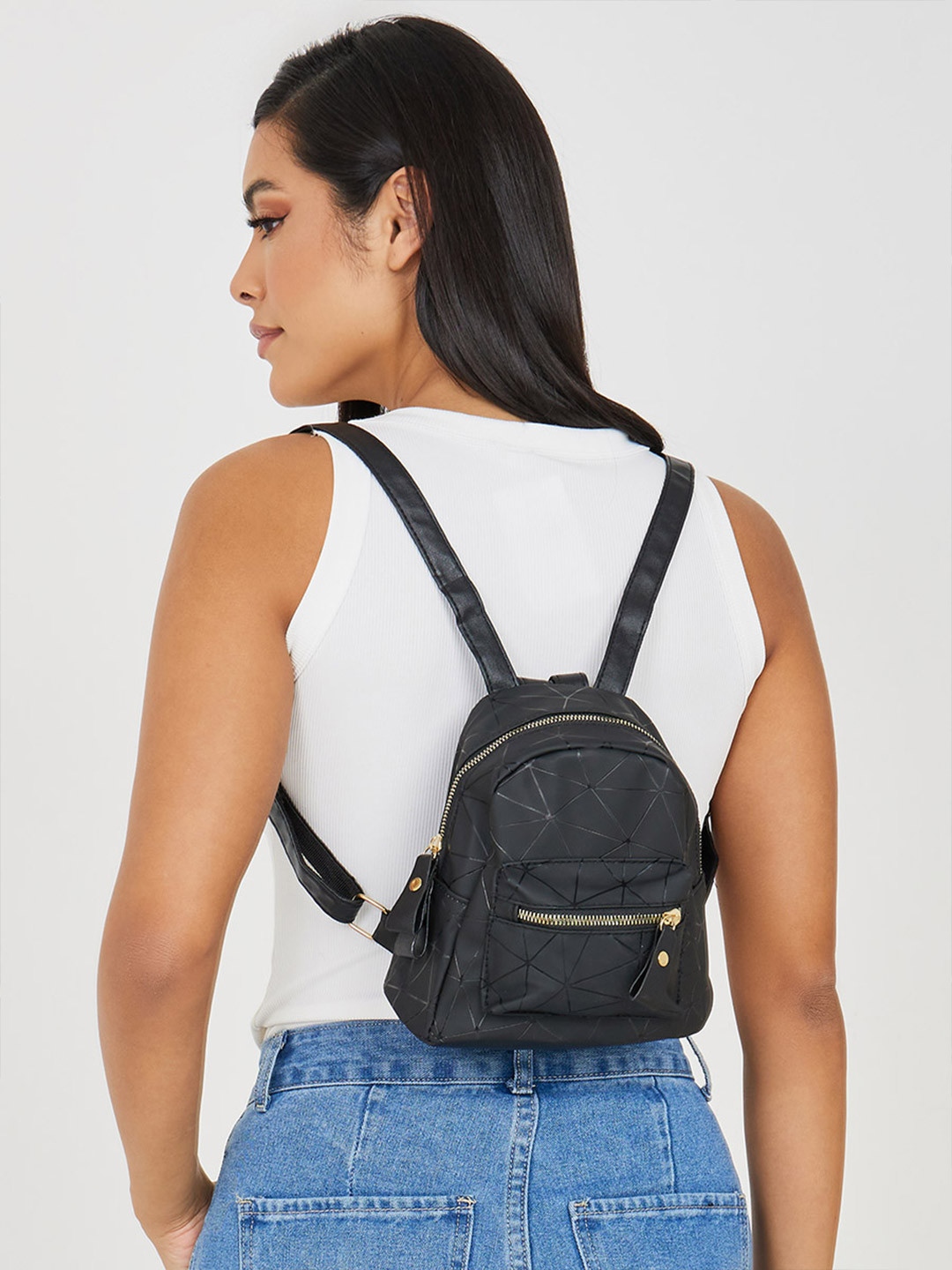 

Styli Geometric Print Front Pocket Backpack, Black