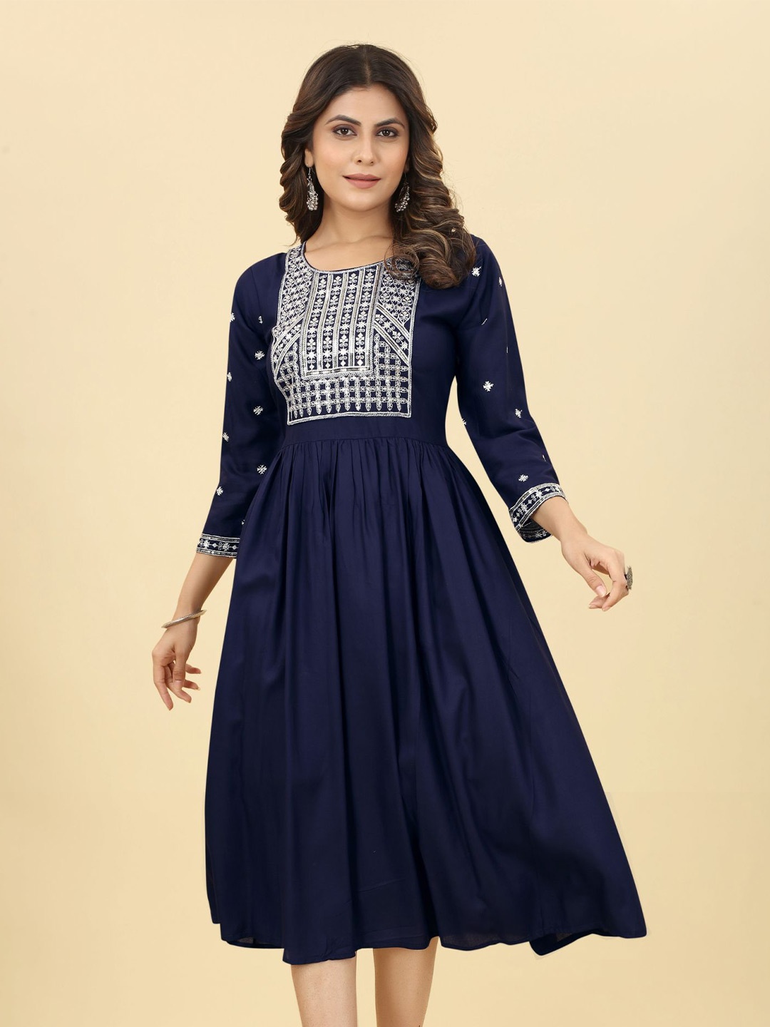 

KALINI Ethnic Motifs Embroidered Sequinned Ethnic Dress, Blue