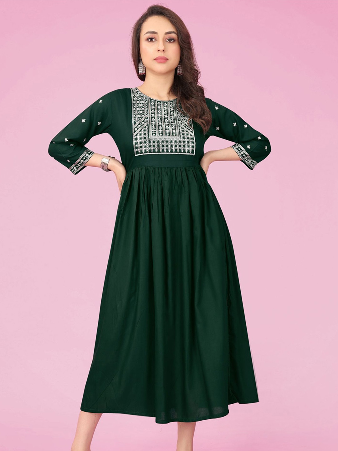 

KALINI Ethnic Motifs Embroidered Sequinned Ethnic Dress, Green