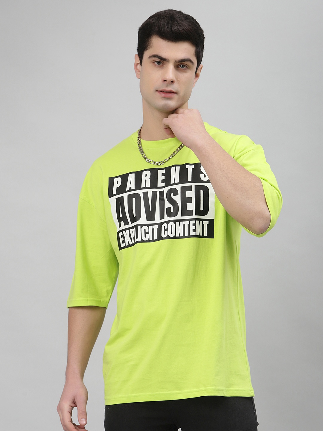 Gavin Paris Typography Printed Drop Shoulder Sleeves Casual Pure Cotton Oversize T Shirt, Lime green