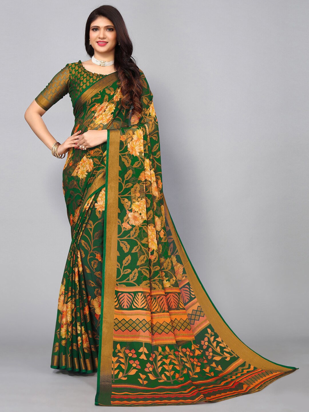 

KALINI Floral Printed Zari Brasso Saree, Green