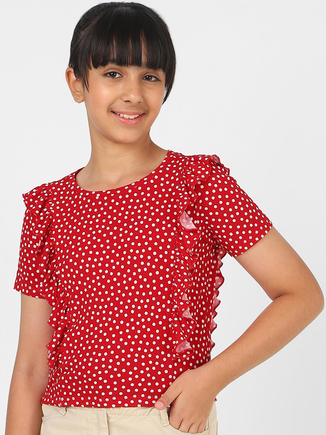 

Peter England Girls Polka Dot Printed Ruffles Top, Red