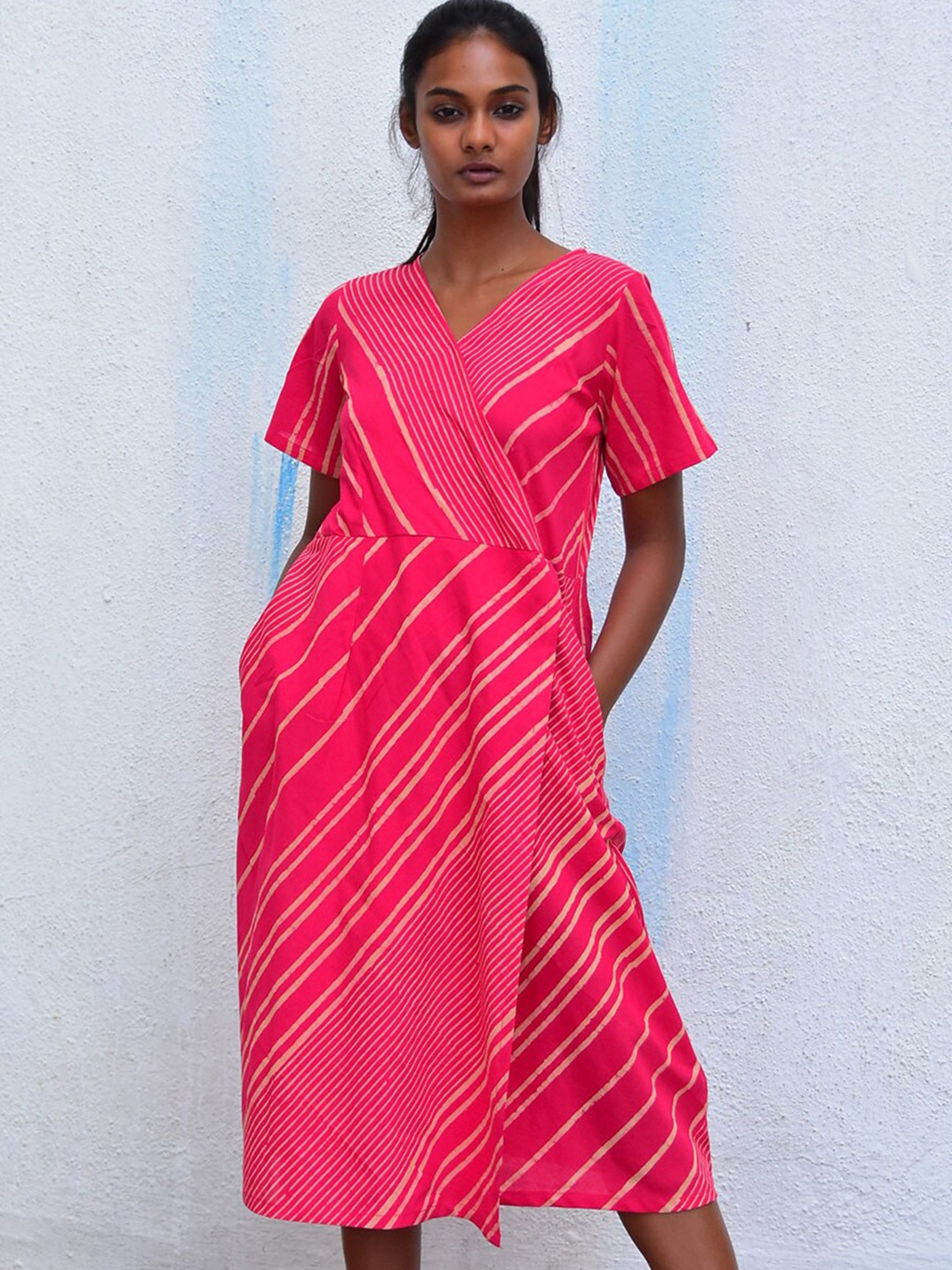 

Chidiyaa V-Neck Striped Wrap Cotton Dress, Pink