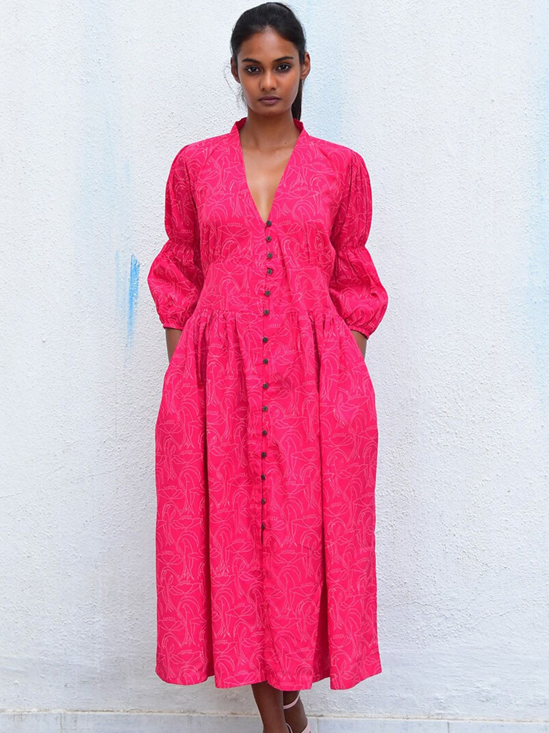 

Chidiyaa Floral Print Puff Sleeve A-Line Midi Cotton Dress, Pink