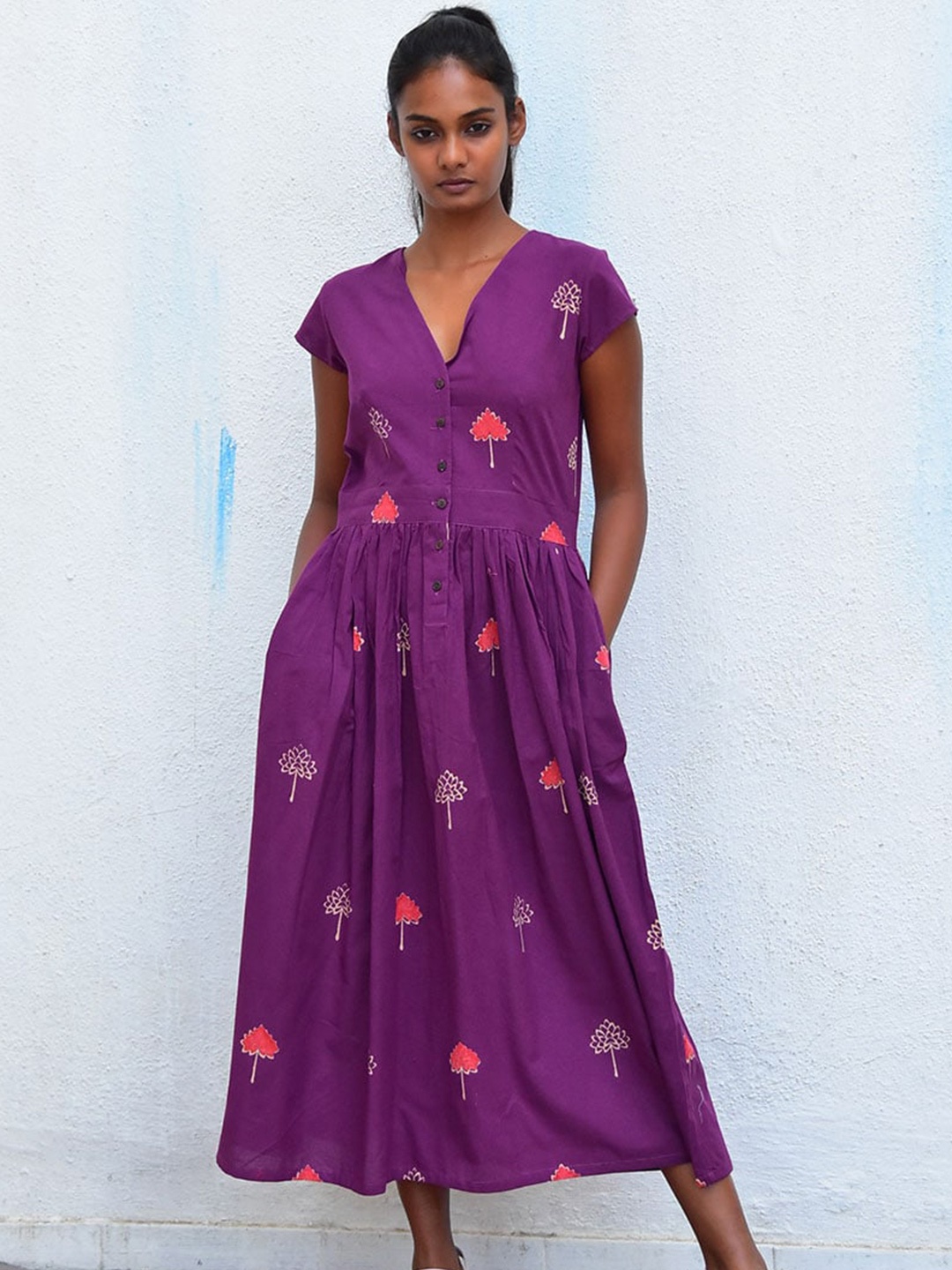 

Chidiyaa Floral Print Fit & Flare Midi Ethnic Dress, Purple