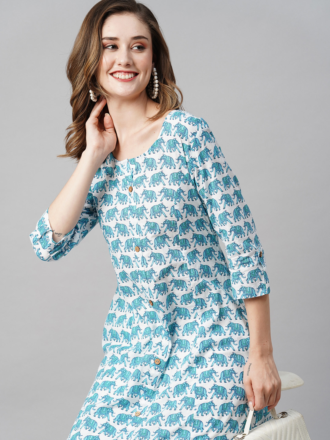 

INDYES Round Neck Ethnic Motifs Printed Pure Cotton Kurta, White
