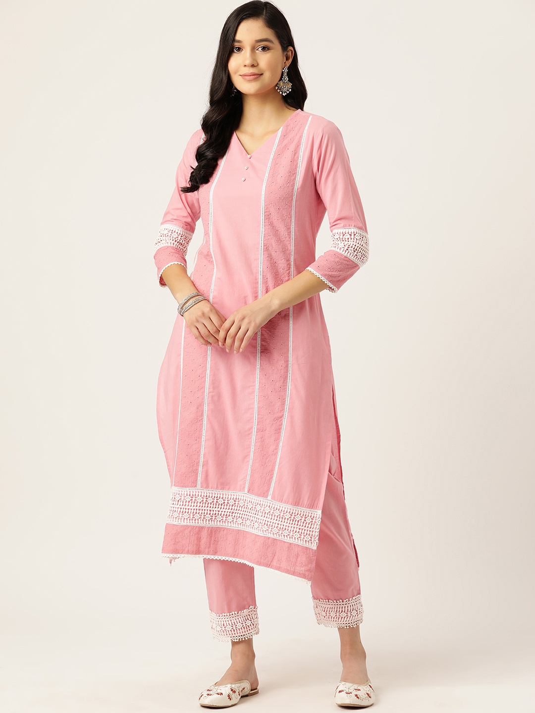 

MISRI Floral Embroidered Panelled Pure Cotton Kurta with Trousers, Pink