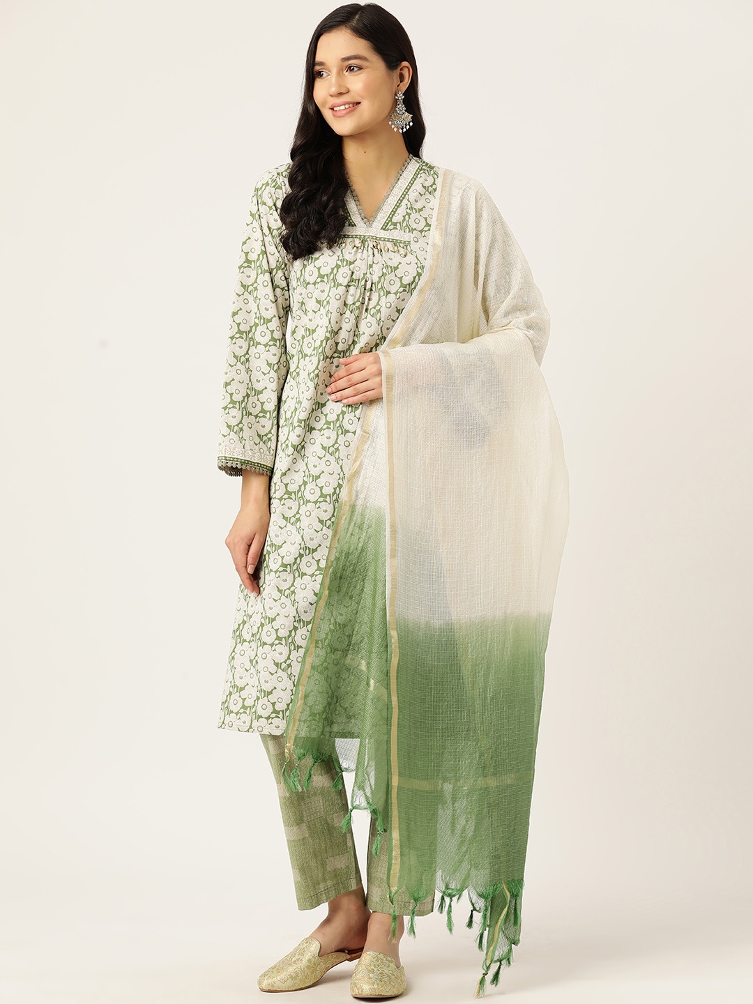 

MISRI Floral Printed Beads & Stones Pure Cotton Kurta with Trousers & Dupatta, Green