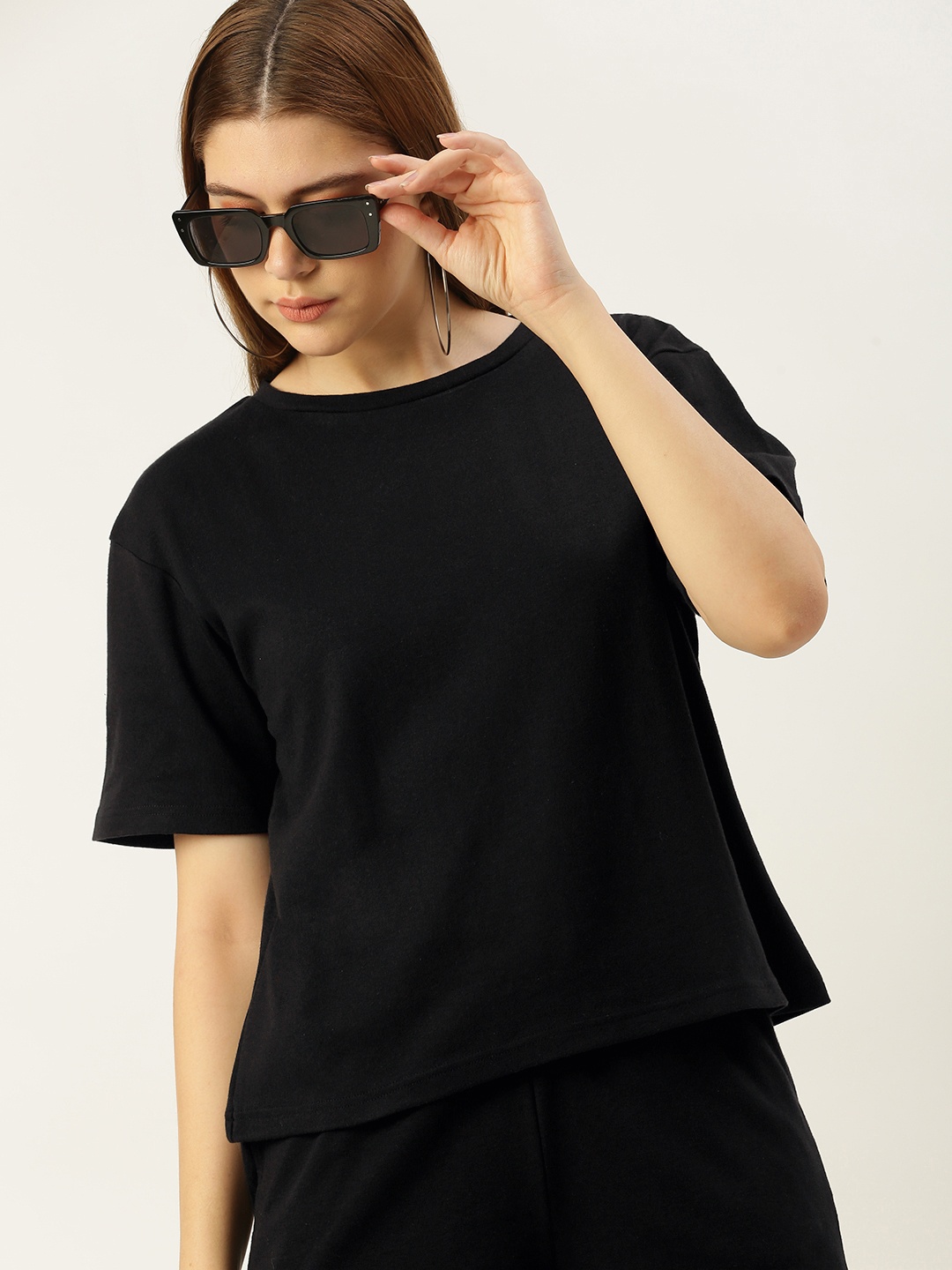 

Bene Kleed Women Solid Pure Cotton T-shirt With Shorts, Black