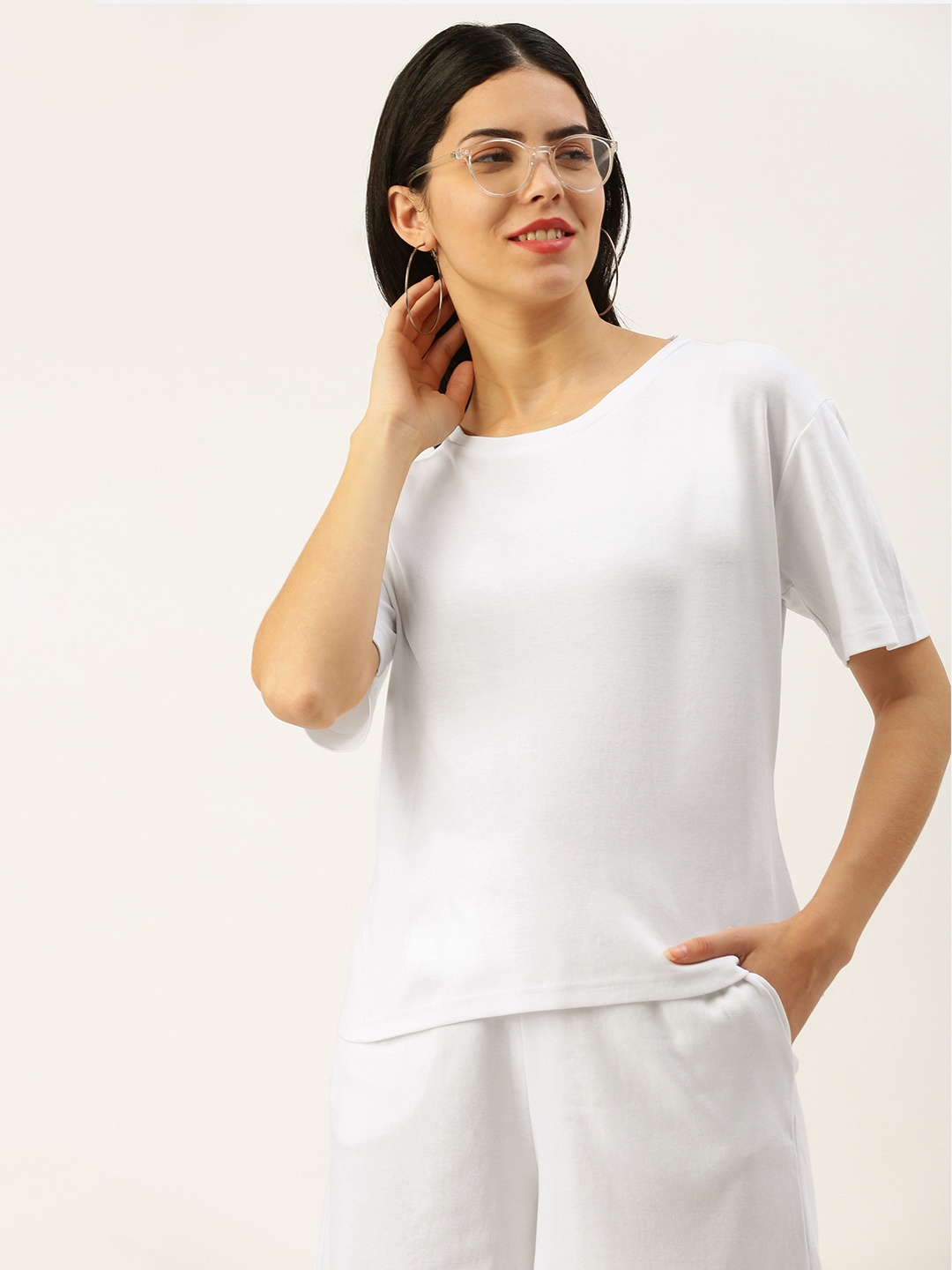 

Bene Kleed Women Solid Pure Cotton T-shirt with Shorts, White