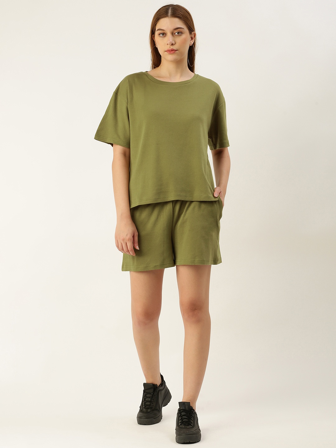 

Bene Kleed Women Solid Pure Cotton T-shirt With Shorts, Olive