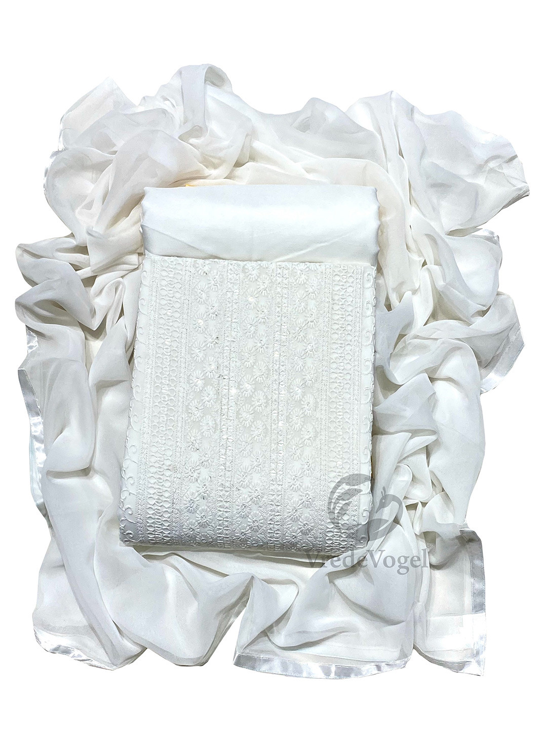 

KALINI Ethnic Motifs Mirror Work Embroidered Unstitched Dress Material, White