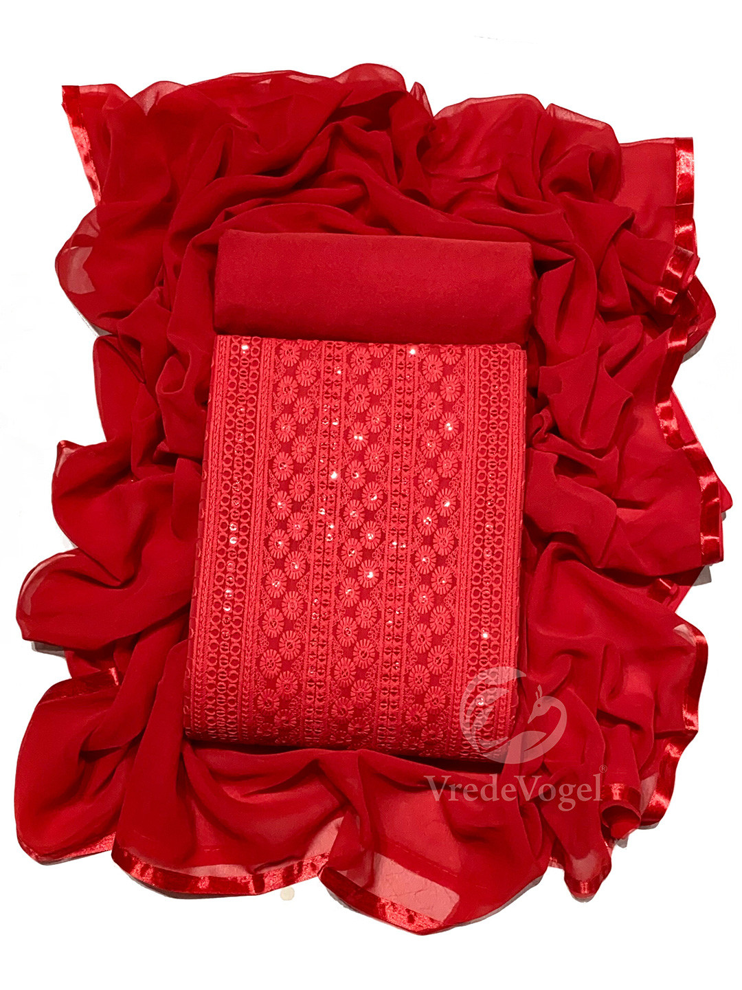 

KALINI Embroidered Unstitched Dress Material, Red